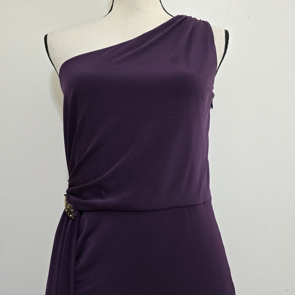 CALVIN KLEIN size 6 Stretch Zip Ruched One Shoulder Embellished Dress Purple - Picture 2 of 16